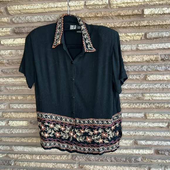 Bila Boho Black Embroidered Border Casual Shirt Blouse Size Medium - Picture 6 of 6
